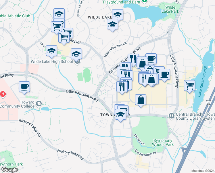 map of restaurants, bars, coffee shops, grocery stores, and more near 10738 Symphony Way in Columbia