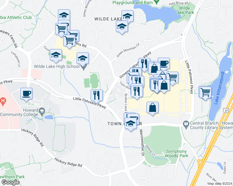 map of restaurants, bars, coffee shops, grocery stores, and more near 10816 Warfield Place in Columbia