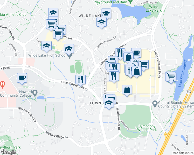 map of restaurants, bars, coffee shops, grocery stores, and more near 10812 Symphony Way in Columbia