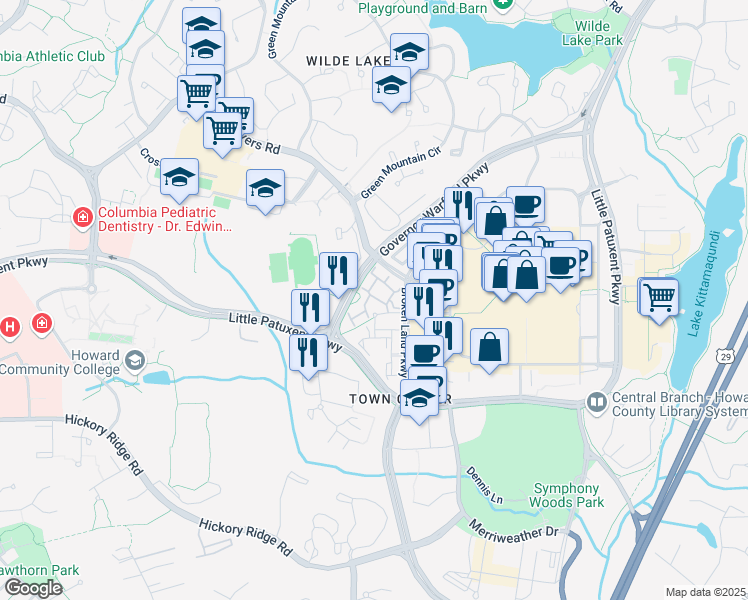 map of restaurants, bars, coffee shops, grocery stores, and more near 10808 Warfield Place in Columbia