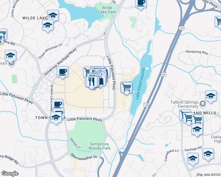 map of restaurants, bars, coffee shops, grocery stores, and more near 10320 Little Patuxent Parkway in Columbia