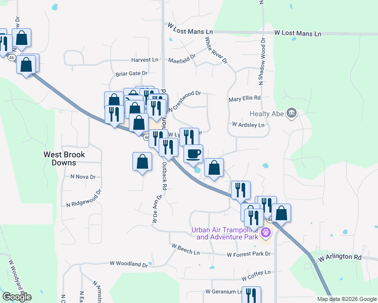 map of restaurants, bars, coffee shops, grocery stores, and more near 4422 Cypress Lane in Bloomington