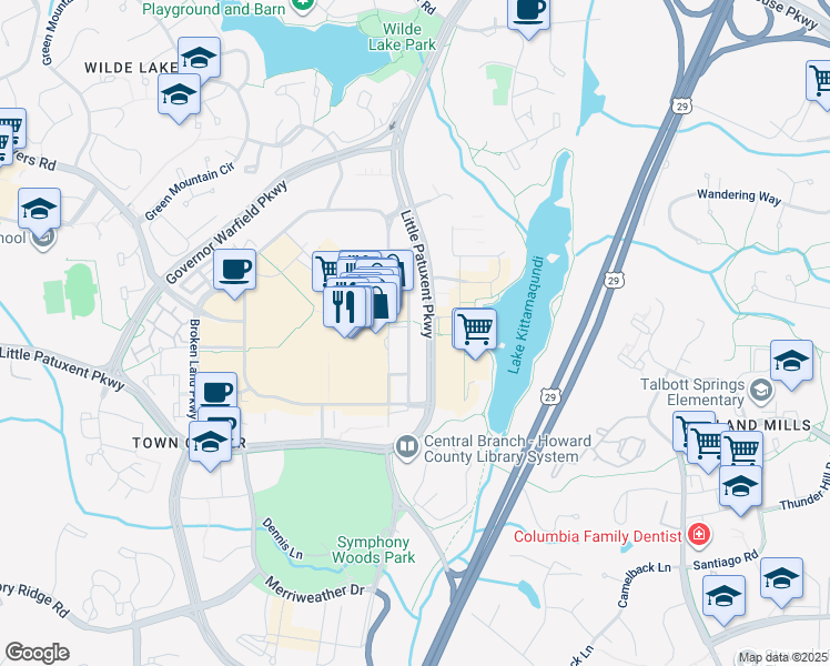 map of restaurants, bars, coffee shops, grocery stores, and more near 10320 Little Patuxent Parkway in Columbia