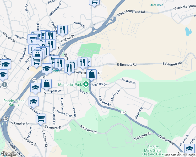 map of restaurants, bars, coffee shops, grocery stores, and more near 117 Kendall Street in Grass Valley