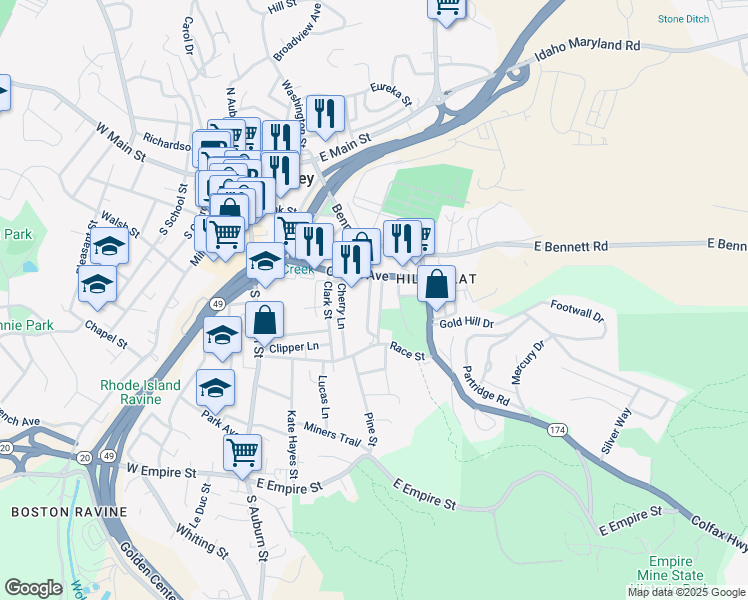 map of restaurants, bars, coffee shops, grocery stores, and more near 429 Henderson Street in Grass Valley