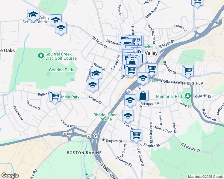 map of restaurants, bars, coffee shops, grocery stores, and more near 335 Mill Street in Grass Valley