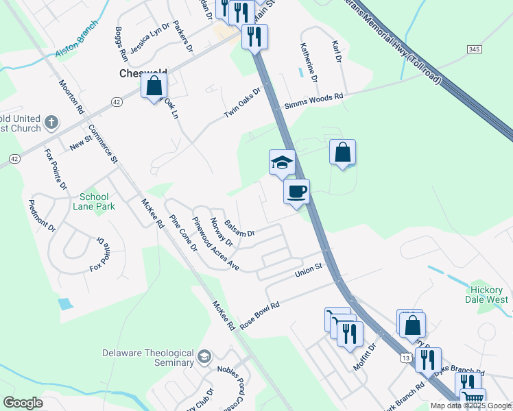map of restaurants, bars, coffee shops, grocery stores, and more near 4925 North Dupont Highway in Dover