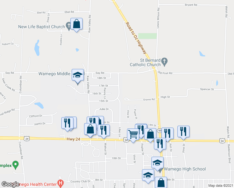 map of restaurants, bars, coffee shops, grocery stores, and more near 1505 Lilac Lane in Wamego