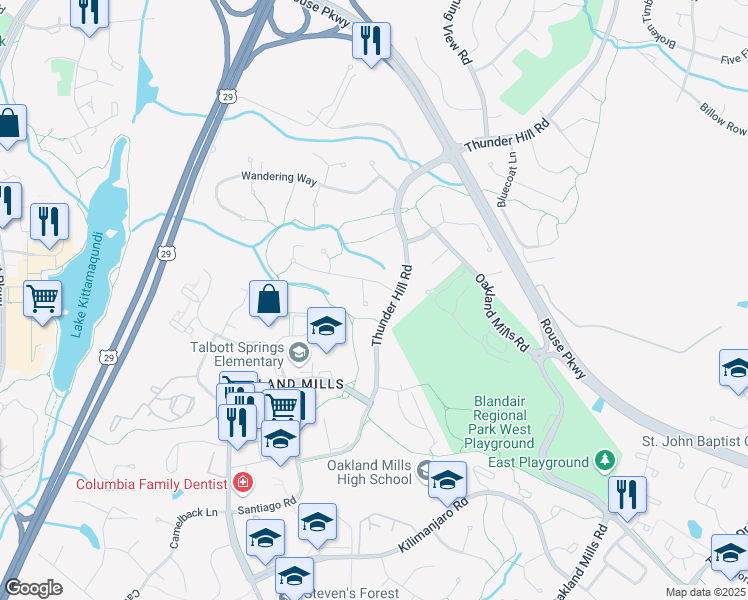 map of restaurants, bars, coffee shops, grocery stores, and more near 9527 Caboose Court in Columbia