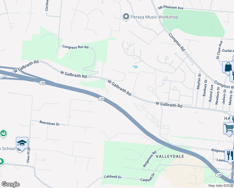 map of restaurants, bars, coffee shops, grocery stores, and more near 375 West Galbraith Road in Cincinnati