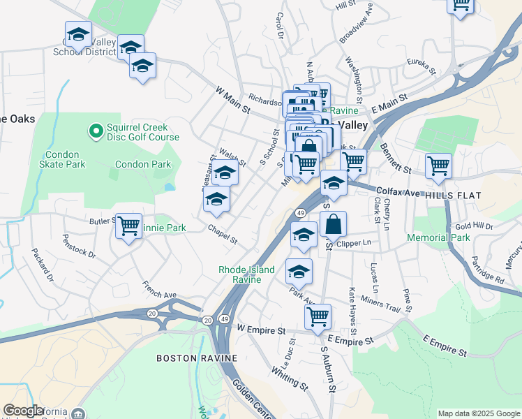 map of restaurants, bars, coffee shops, grocery stores, and more near 334 Mill Street in Grass Valley