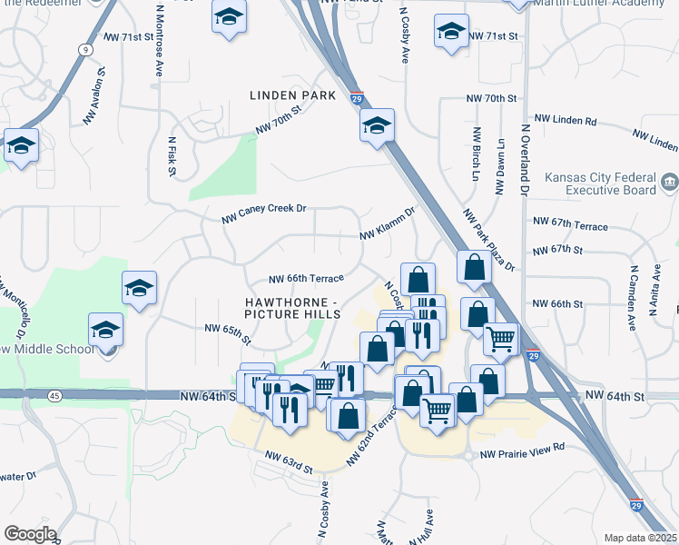 map of restaurants, bars, coffee shops, grocery stores, and more near 6613 Northwest Mil Mar Drive in Kansas City