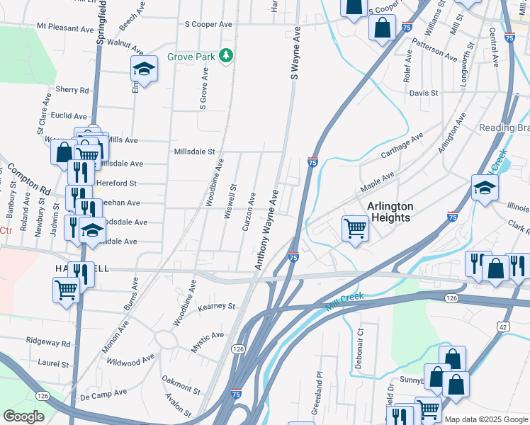 map of restaurants, bars, coffee shops, grocery stores, and more near 8377 Anthony Wayne Avenue in Cincinnati