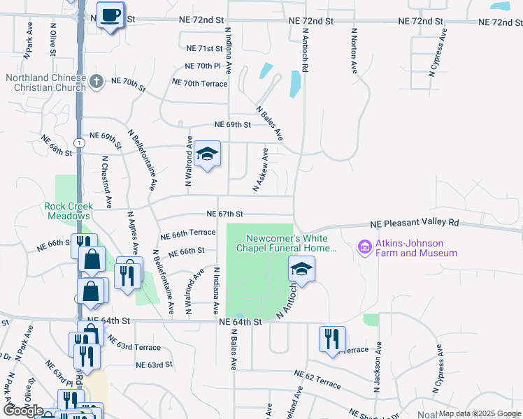 map of restaurants, bars, coffee shops, grocery stores, and more near 3514 Northeast 67th Street in Gladstone