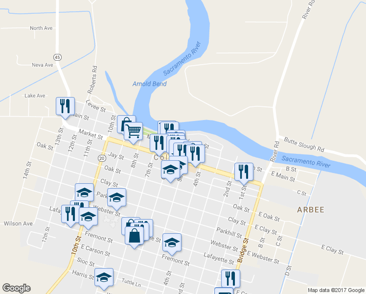 map of restaurants, bars, coffee shops, grocery stores, and more near 539 Main Street in Colusa