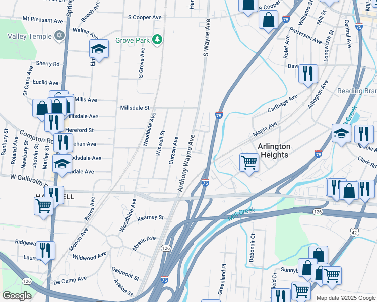 map of restaurants, bars, coffee shops, grocery stores, and more near Sheehan Ave & Anthony Wayne Ave in Cincinnati