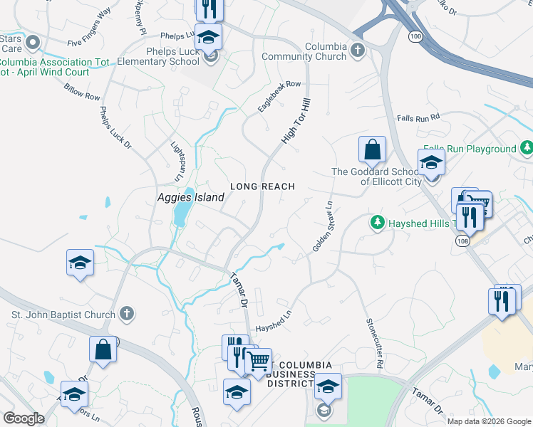 map of restaurants, bars, coffee shops, grocery stores, and more near 5637 High Tor Hill in Columbia