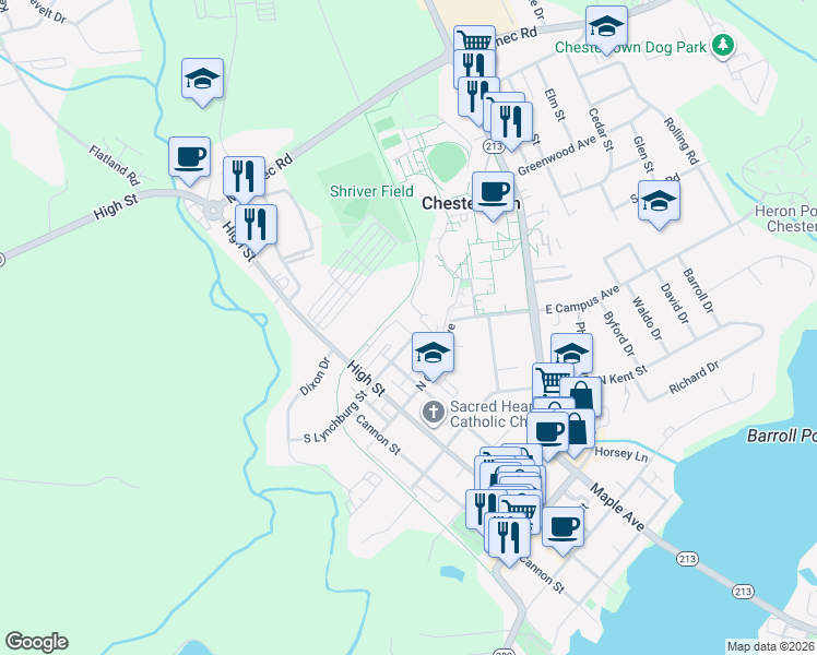 map of restaurants, bars, coffee shops, grocery stores, and more near 132 Prospect Street in Chestertown