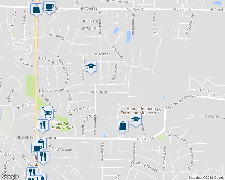 map of restaurants, bars, coffee shops, grocery stores, and more near 3511 Northeast 67th Street in Kansas City