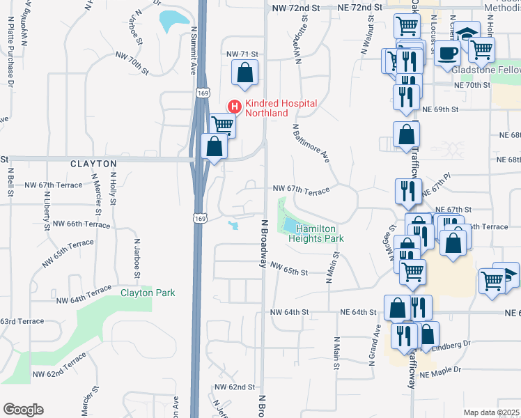 map of restaurants, bars, coffee shops, grocery stores, and more near 6616 North Broadway in Kansas City