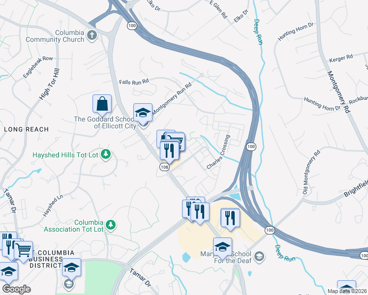 map of restaurants, bars, coffee shops, grocery stores, and more near 6033 Talbot Drive in Ellicott City