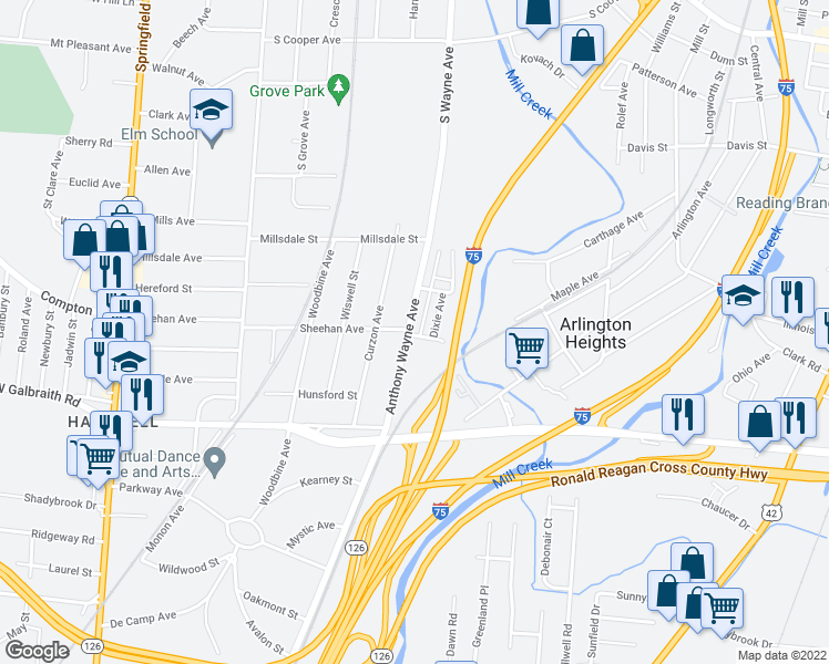 map of restaurants, bars, coffee shops, grocery stores, and more near 8370 Anthony Wayne Avenue in Cincinnati