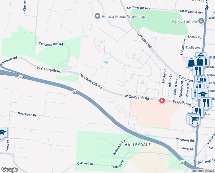 map of restaurants, bars, coffee shops, grocery stores, and more near 316 West Galbraith Road in Cincinnati