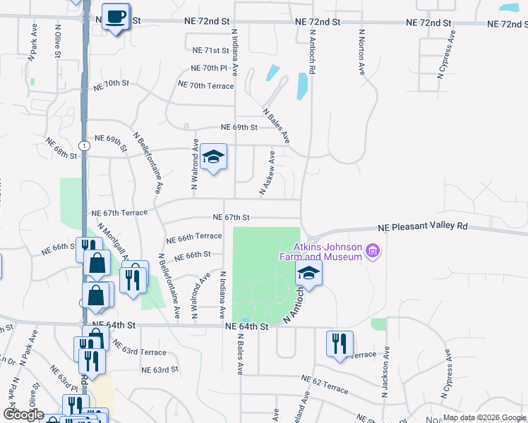map of restaurants, bars, coffee shops, grocery stores, and more near 3511 Northeast 67th Street in Kansas City