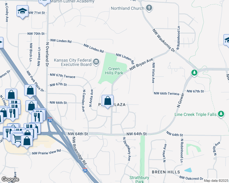 map of restaurants, bars, coffee shops, grocery stores, and more near 6601 North Green Hills Road in Kansas City