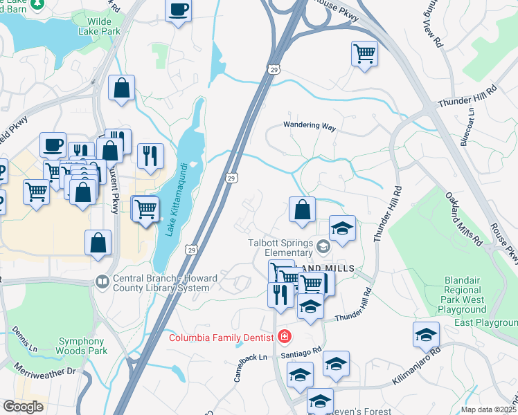 map of restaurants, bars, coffee shops, grocery stores, and more near 5650 Stevens Forest Road in Columbia