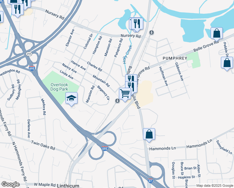map of restaurants, bars, coffee shops, grocery stores, and more near 13 Boulevard Place in Linthicum Heights