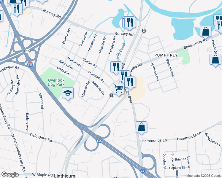map of restaurants, bars, coffee shops, grocery stores, and more near 13 Boulevard Place in Linthicum Heights