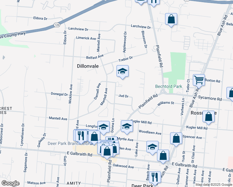map of restaurants, bars, coffee shops, grocery stores, and more near 4112 Estermarie Drive in Cincinnati