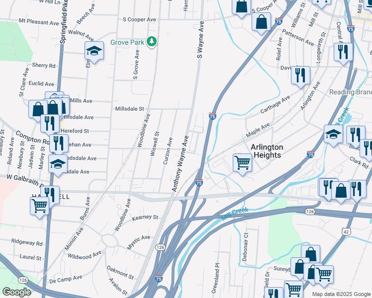 map of restaurants, bars, coffee shops, grocery stores, and more near 8370 Anthony Wayne Avenue in Cincinnati