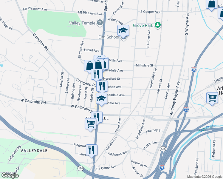 map of restaurants, bars, coffee shops, grocery stores, and more near 29 Woodsdale Avenue in Cincinnati