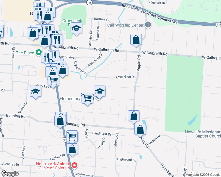 map of restaurants, bars, coffee shops, grocery stores, and more near 7294 Memory Lane in Cincinnati