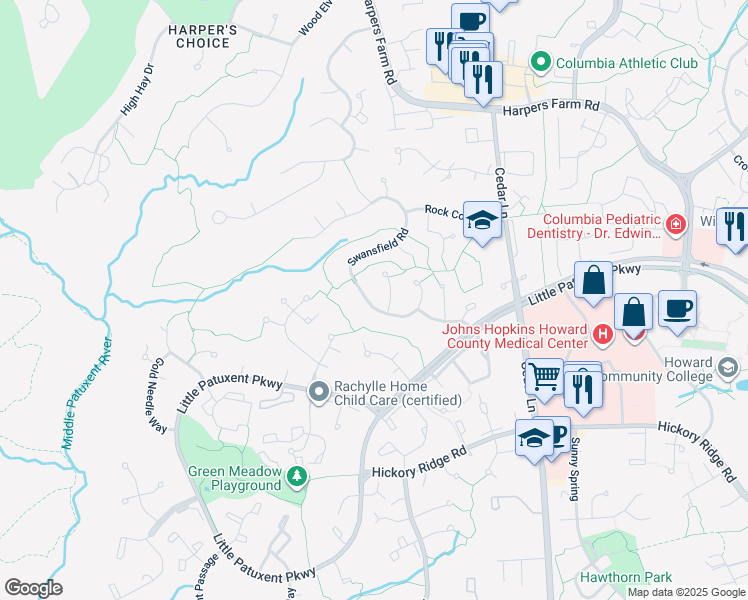 map of restaurants, bars, coffee shops, grocery stores, and more near 10958 Swansfield Road in Columbia