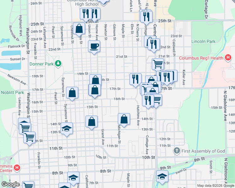 map of restaurants, bars, coffee shops, grocery stores, and more near 1621 Gilmore Street in Columbus