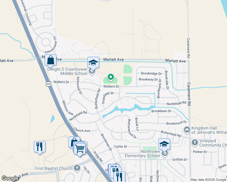 map of restaurants, bars, coffee shops, grocery stores, and more near 2704 Maise Circle in Manhattan