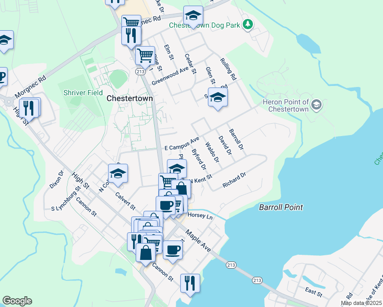 map of restaurants, bars, coffee shops, grocery stores, and more near 212 Byford Drive in Chestertown