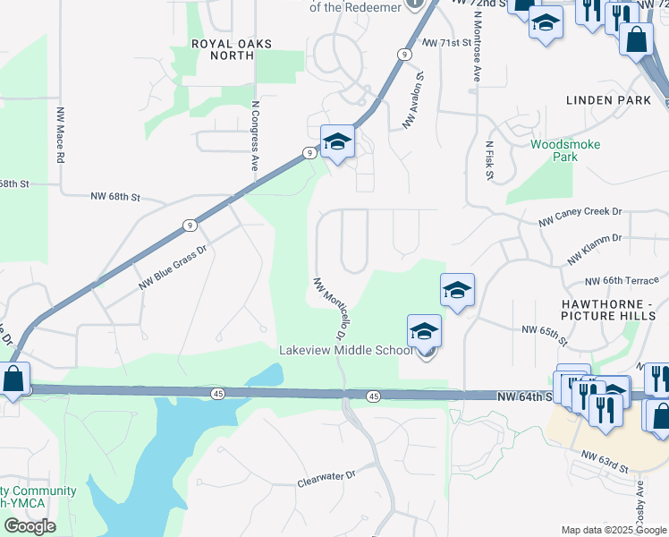map of restaurants, bars, coffee shops, grocery stores, and more near 6615 Northwest Monticello Drive in Parkville