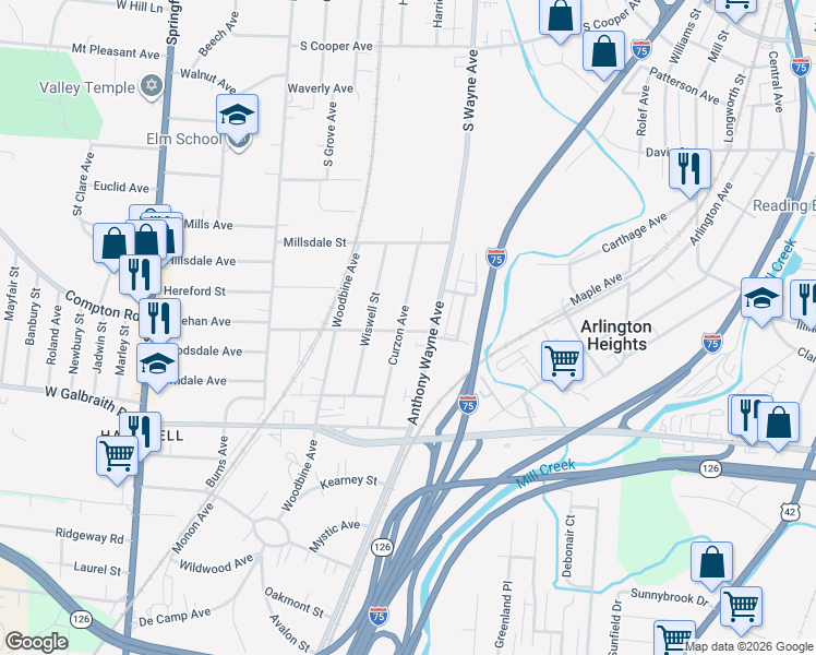 map of restaurants, bars, coffee shops, grocery stores, and more near 8424 Curzon Avenue in Cincinnati