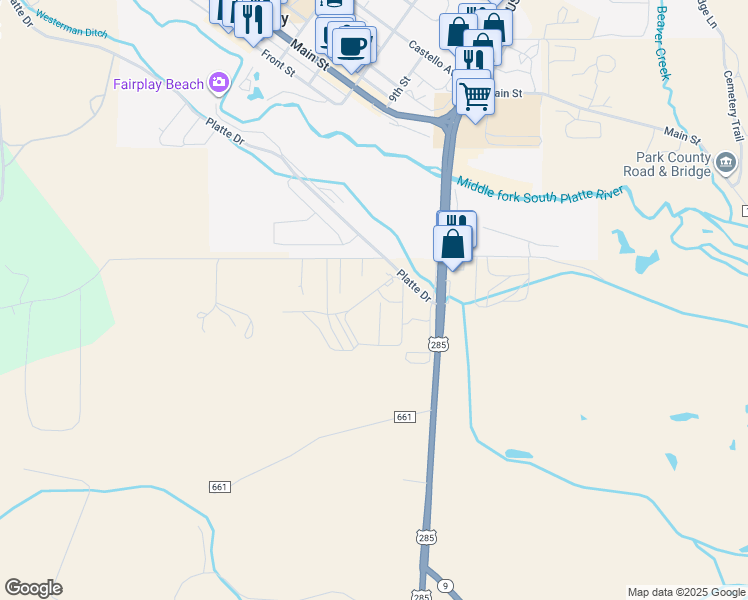 map of restaurants, bars, coffee shops, grocery stores, and more near 439 Fuller Drive in Fairplay