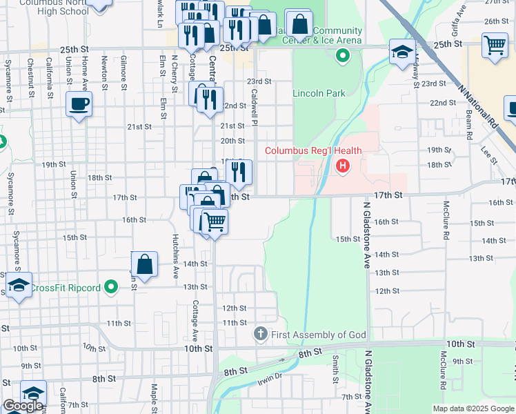 map of restaurants, bars, coffee shops, grocery stores, and more near 2020 15th Street in Columbus