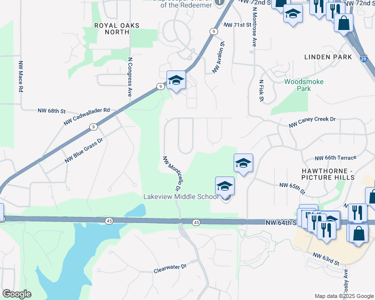 map of restaurants, bars, coffee shops, grocery stores, and more near 6826 Northwest Monticello Court in Kansas City