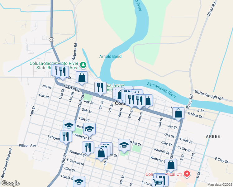 map of restaurants, bars, coffee shops, grocery stores, and more near 661 Main Street in Colusa