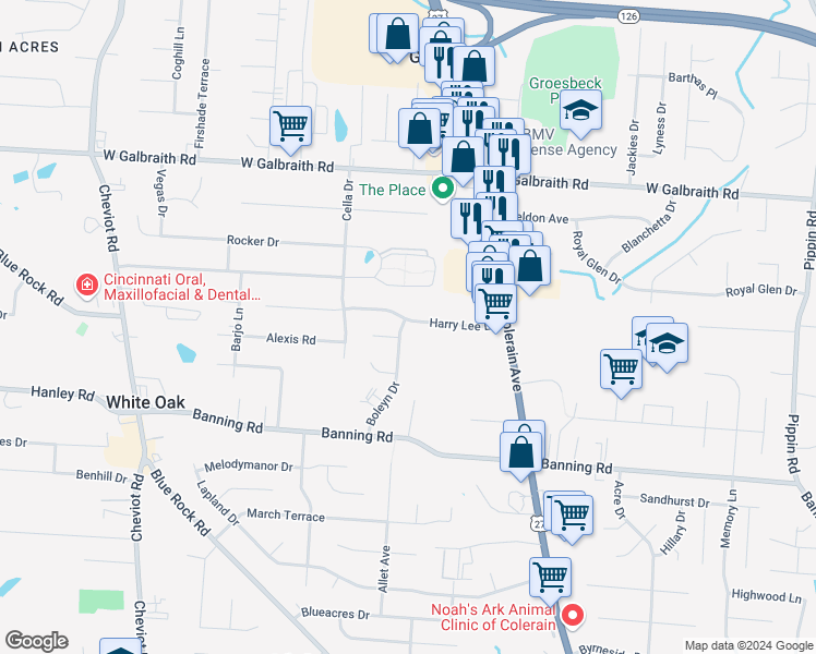 map of restaurants, bars, coffee shops, grocery stores, and more near 7598 Boleyn Drive in Cincinnati