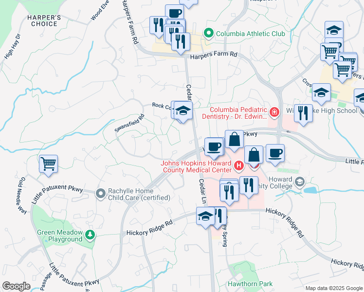 map of restaurants, bars, coffee shops, grocery stores, and more near 5712 Cedar Lane in Columbia
