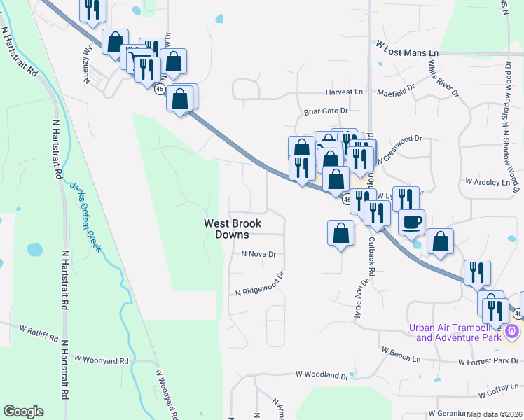 map of restaurants, bars, coffee shops, grocery stores, and more near 4646 North Brookbank Drive in Bloomington