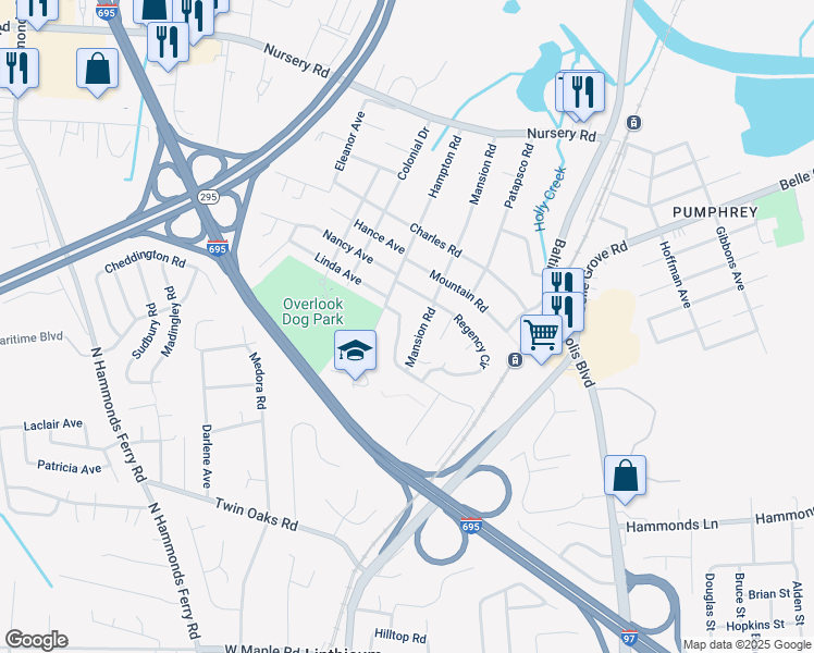map of restaurants, bars, coffee shops, grocery stores, and more near 210 Coronet Drive in Linthicum Heights
